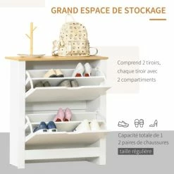 Homcom Meubles D'entrée Et à Chaussures Armoire à Chaussures 2 Portes Abattantes 2 Compartiments Blanc Chêne -Meubles d'appoint Soldes armoire a chaussures 2 portes abattantes 2 compartiments blanc chene 5