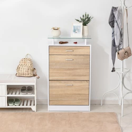 Homcom Meubles D'entrée Et à Chaussures Armoire à Chaussures 2 Portes Tiroir étagère Verre Chêne Blanc 4 Homcom Meubles D'entrée Et à Chaussures Armoire à Chaussures 2 Portes Tiroir étagère Verre Chêne Blanc – Image 2