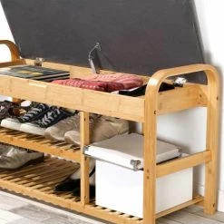 Casâme Meubles D'entrée Et à Chaussures Banc à Chaussures Avec 2 Étagères L100 Cm - Beige Et Gris -Meubles d'appoint Soldes banc a chaussures avec 2 etageres l100 cm beige et gris 4