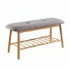 Calicosy Meubles D'entrée Et à Chaussures Banc Avec Assise En Tissu Gris Et Structure En Bambou -Meubles d'appoint Soldes banc avec assise en tissu gris et structure en bambou