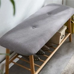 Calicosy Meubles D'entrée Et à Chaussures Banc Avec Assise En Tissu Gris Et Structure En Bambou -Meubles d'appoint Soldes banc avec assise en tissu gris et structure en bambou 2