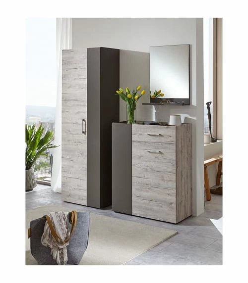 Calicosy Meubles D'entrée Et à Chaussures Commode 2 Portes Et 1 Tiroir H100 Cm - Chêne Et Gris 4 Calicosy Meubles D'entrée Et à Chaussures Commode 2 Portes Et 1 Tiroir H100 Cm - Chêne Et Gris – Image 2