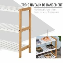 Homcom Meubles D'entrée Et à Chaussures Etagère à Chaussures 3 Niveaux Bambou MDF Blanc -Meubles d'appoint Soldes etagere a chaussures 3 niveaux bambou mdf blanc 4