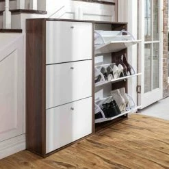 Produits populaires -Meubles d'appoint Soldes meuble a chaussures 3 tiroirs style scandinave noyer blanc 1