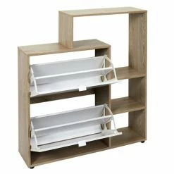 Toilinux Meubles D'entrée Et à Chaussures Meuble à Chaussures Avec 2 Portes Et étagères Blanc Et Bois Marron -Meubles d'appoint Soldes meuble a chaussures avec 2 portes et etageres blanc et bois marron 3