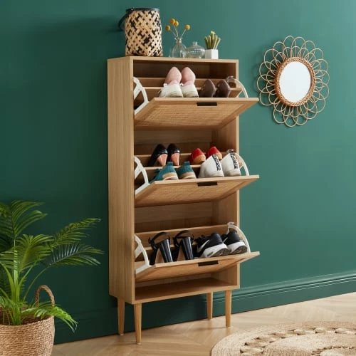 Baita Meubles D'entrée Et à Chaussures Meuble à Chaussures Cannage Rotin 3 Portes 60cm Bois Clair 6 Baita Meubles D'entrée Et à Chaussures Meuble à Chaussures Cannage Rotin 3 Portes 60cm Bois Clair – Image 4