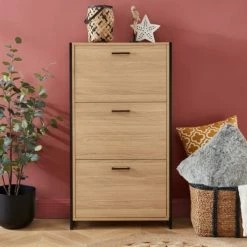 Baita Meubles D'entrée Et à Chaussures Meuble à Chaussures Effet Bois Et Métal Noir 3 Portes - L63cm -Meubles d'appoint Soldes meuble a chaussures effet bois et metal noir 3 portes l63cm 1