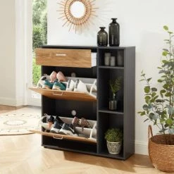 Baita Meubles D'entrée Et à Chaussures Meuble à Chaussures Gris Et Effet Bois 3 Portes 90cm -Meubles d'appoint Soldes meuble a chaussures gris et effet bois 3 portes 90cm 3