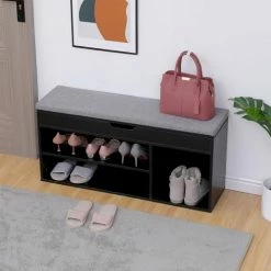 Happy Garden Meubles D'entrée Et à Chaussures Meuble à Chaussures Trois Casiers Avec Coffre Noir -Meubles d'appoint Soldes meuble a chaussures trois casiers avec coffre noir 1