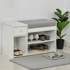 Homcom Meubles D'entrée Et à Chaussures Meuble Chaussures Banc Niche Tiroir Coffre Intégré Coussin Gris Blanc -Meubles d'appoint Soldes meuble chaussures banc niche tiroir coffre integre coussin gris blanc 3