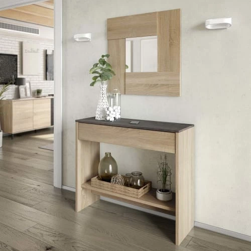 HOMN Meubles D'entrée Et à Chaussures Meuble D'entrée 1 Tiroir Et Miroir, Chêne Et Rouille, 92 Cm Largeur 4 HOMN Meubles D'entrée Et à Chaussures Meuble D'entrée 1 Tiroir Et Miroir, Chêne Et Rouille, 92 Cm Largeur – Image 2