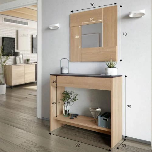 HOMN Meubles D'entrée Et à Chaussures Meuble D'entrée 1 Tiroir Et Miroir, Chêne Et Rouille, 92 Cm Largeur 7 HOMN Meubles D'entrée Et à Chaussures Meuble D'entrée 1 Tiroir Et Miroir, Chêne Et Rouille, 92 Cm Largeur – Image 5