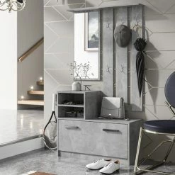 Selsey Meubles D'entrée Et à Chaussures Meuble D’entrée Multifonctionnel 85 Cm 1 Miroir Effet Béton -Meubles d'appoint Soldes meuble d entree multifonctionnel 85 cm 1 miroir effet beton 1