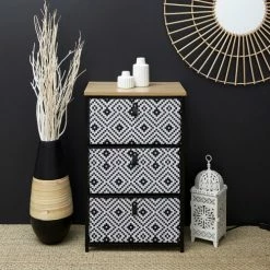 Toilinux Meubles D'entrée Et à Chaussures Meuble De Rangement 3 Tiroirs Imprimé Ethnique Noir -Meubles d'appoint Soldes meuble de rangement 3 tiroirs imprime ethnique noir 1