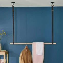 Mob In Valets De Nuits Et Portants Penderie Suspendue Bois Et Lanières Cuir Noir L100 Cm -Meubles d'appoint Soldes penderie suspendue bois et lanieres cuir noir l100 cm 2