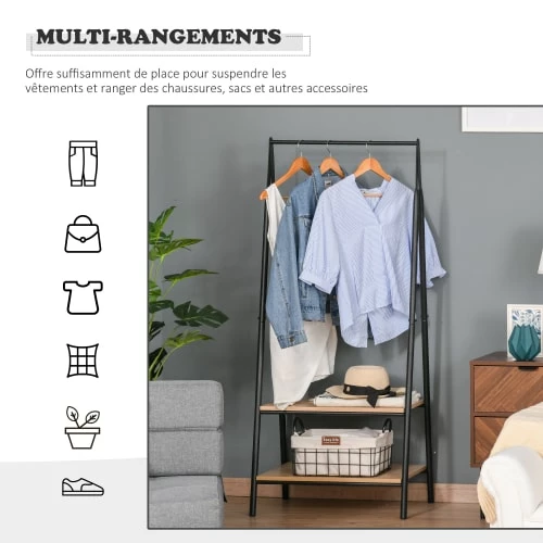 Homcom Valets De Nuits Et Portants Portant à Vêtements 2 étagères Bois Clair Acier Noir 7 Homcom Valets De Nuits Et Portants Portant à Vêtements 2 étagères Bois Clair Acier Noir – Image 5