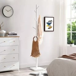 Calicosy Portemanteaux Et Patères Porte-manteau Sur Pied En Bois D'hévéa Blanc Avec 8 Crochets - H175 Cm -Meubles d'appoint Soldes porte manteau sur pied en bois d hevea blanc avec 8 crochets h175 cm 2