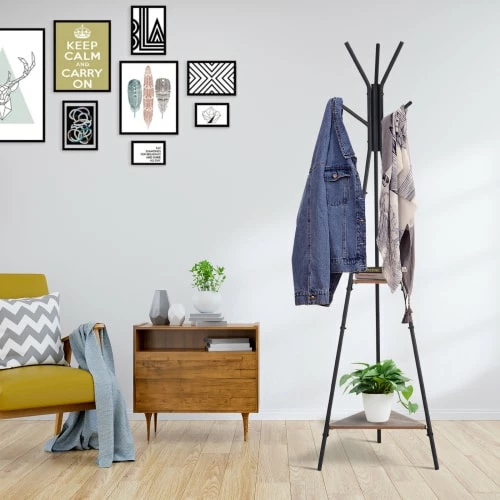 Homcom Portemanteaux Et Patères Porte-manteau Trépied Style Industriel Branches + 2 étagères 4 Homcom Portemanteaux Et Patères Porte-manteau Trépied Style Industriel Branches + 2 étagères – Image 2