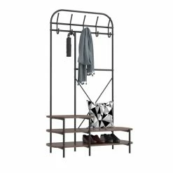 Nordlys Portemanteaux Et Patères Vestiaire D'entrée Style Industriel Avec Plateaux En Bois Marron -Meubles d'appoint Soldes vestiaire d entree style industriel avec plateaux en bois marron 2