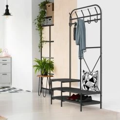 Nordlys Portemanteaux Et Patères Vestiaire D'entrée Style Industriel Avec Plateaux En Bois Noir -Meubles d'appoint Soldes vestiaire d entree style industriel avec plateaux en bois noir 1