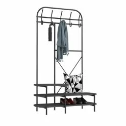 Nordlys Portemanteaux Et Patères Vestiaire D'entrée Style Industriel Avec Plateaux En Bois Noir -Meubles d'appoint Soldes vestiaire d entree style industriel avec plateaux en bois noir 2